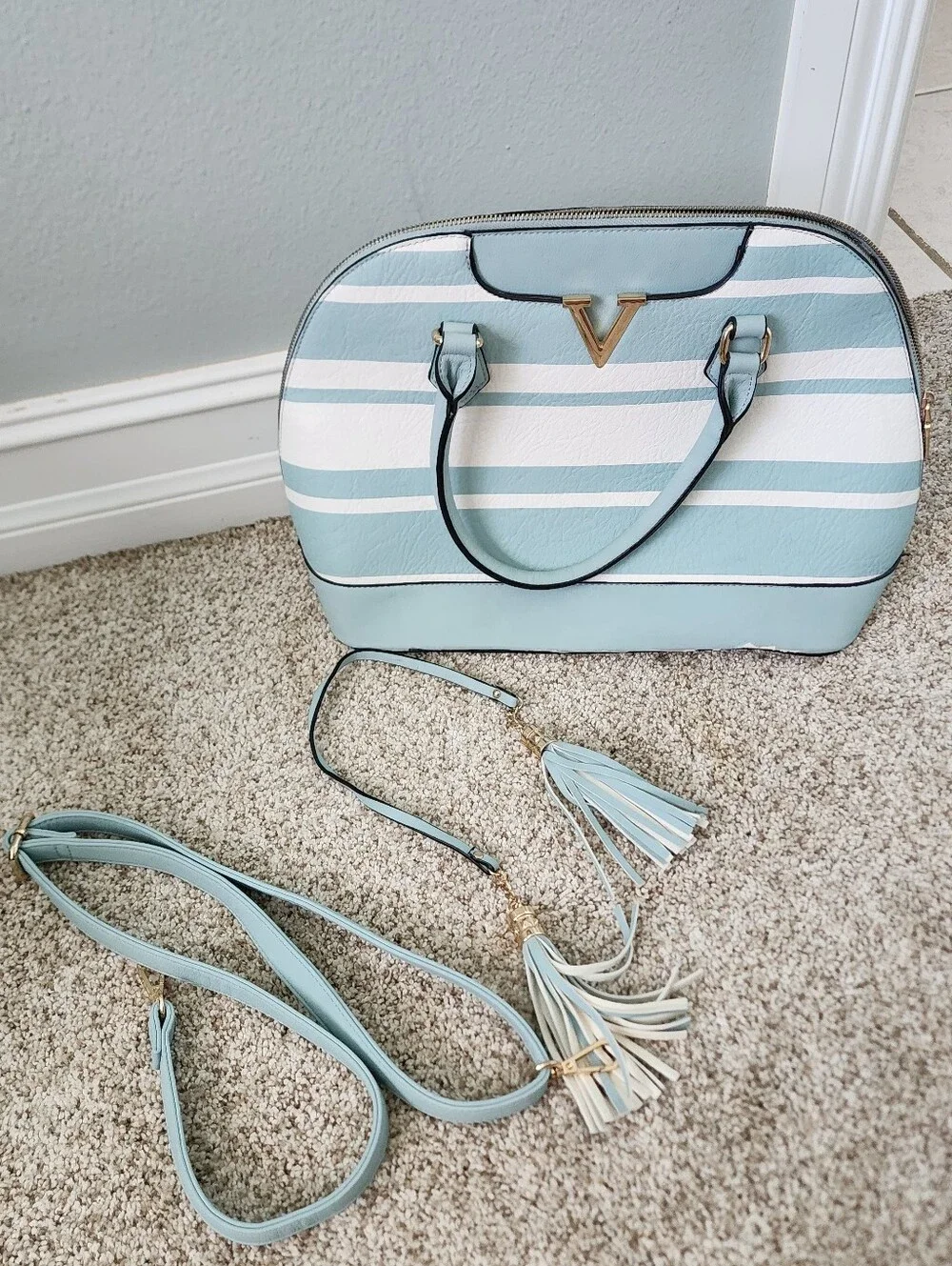 V-Accent Striped Dome Satchel - Light Blue & White